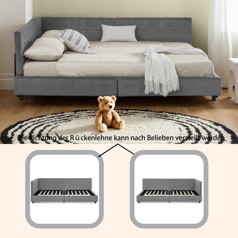 Doppelbett 160x200 cm weiches hautfreundliches Samt, L-förmiges Eck Bettgestell, robuste Eukalyptus- und Eisenlatten, Dark Gray (ohne Matratze)