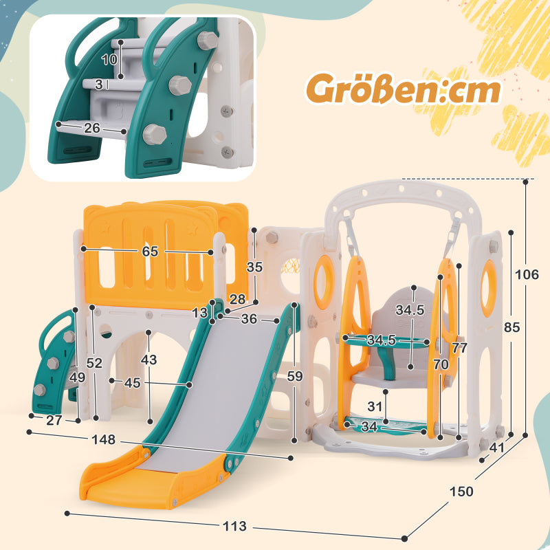 7-in-1-Rutsche für Kinder, bestehend aus Rutsche, Schaukel, Plattform, Unterschrank, Lochbohrspiel, Basketballkorb und Treppe - hochdichtes Polyethylen (Ozeanball nicht enthalten)