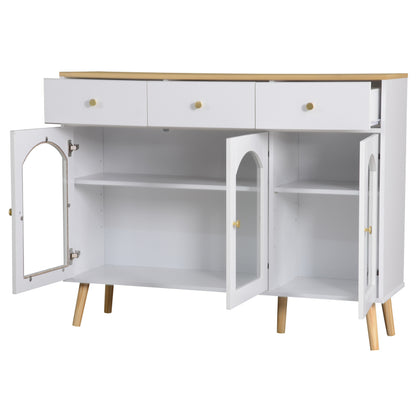 Sideboard mit 3 Schubladen und 3 gebogenen Türen mit breitem Schrank aus gehärtetem Glas für Buffettische in Küchen und Esszimmern, weiß und natur