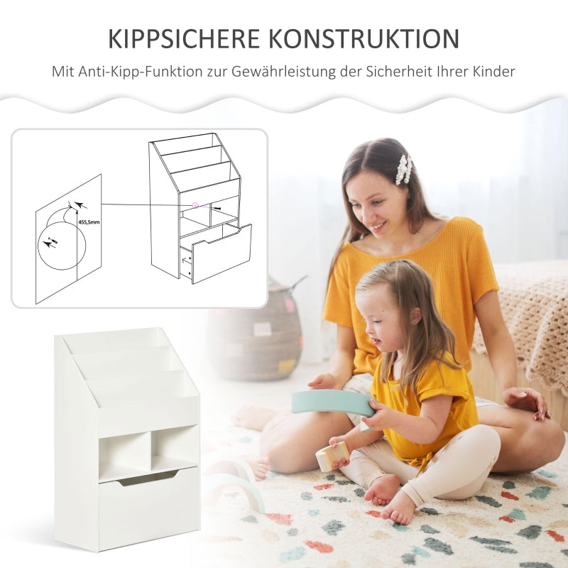 Kinder Bücherregal Kinderregal mit Schublade, 3 Ablagefächern und 2 offenen Fächern, Aufbewahrungsregal für Kinderzimmer, Spielzimmer, Weiß