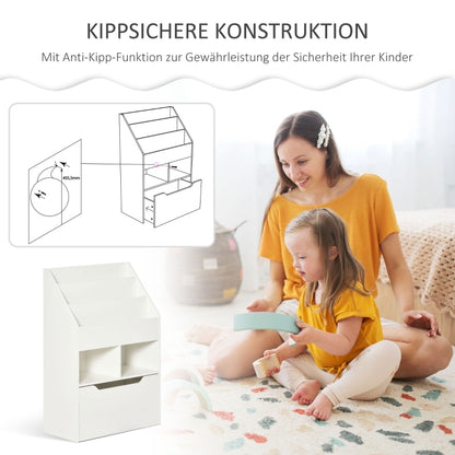 Kinder Bücherregal Kinderregal mit Schublade, 3 Ablagefächern und 2 offenen Fächern, Aufbewahrungsregal für Kinderzimmer, Spielzimmer, Weiß