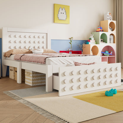 Holzbett Einzelbett 90x200 cm, Kinderbett Jugendbett mit Kreativem Block Design, Massivholz Bettgestell mit Lattenrost, mit Schubladen & Unterm Bett Stauraum, Weiß, Ohne Matratze