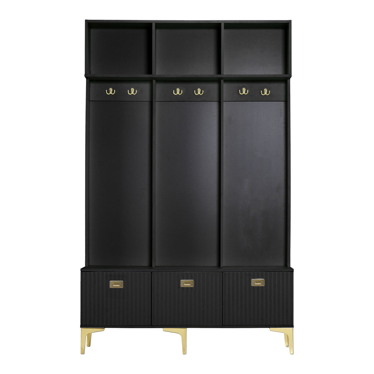 Garderoben-Set mit Sitzbank, Schuhschrank & goldenen Details, Flurbaum aus Metall & Spanplatte, Schwarz, 120x191,5x23,5 cm