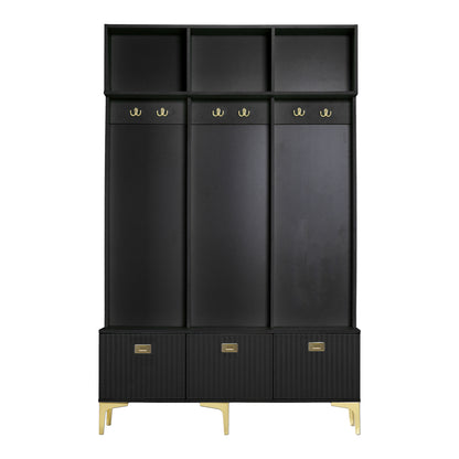 Garderoben-Set mit Sitzbank, Schuhschrank & goldenen Details, Flurbaum aus Metall & Spanplatte, Schwarz, 120x191,5x23,5 cm