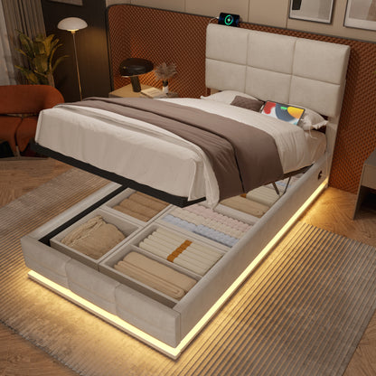 90x200 cm Modernes Velours-Polsterbett mit höhenverstellbarem Kopfteil - Inkl. USB/Type-C-Anschlüssen, LED-Ambientebeleuchtung, hydraulischem Lift-System & XXL-Stauraum (ohne Matratze) - Beige