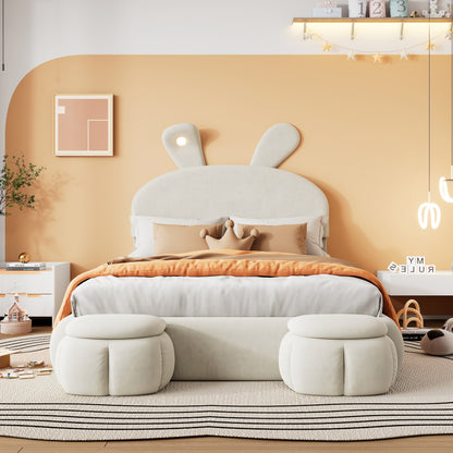 Polsterbett, Doppelbett, hydraulisches Bett, Hasenohren mit einstellbarer Helligkeit warmfarbenen Lichtstreifen, Stauraum unter dem Bett, zwei Aufbewahrungshockern, Samt, Beige, 140x200cm