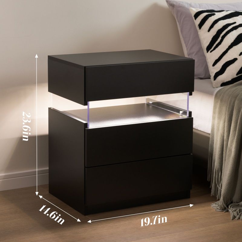 LED Nightstands 3 Drawer Dresser for Bedroom End Table with Acrylic Board LED Bedside Tables for Bedroom Living Room Bedside Furniture (Black)
