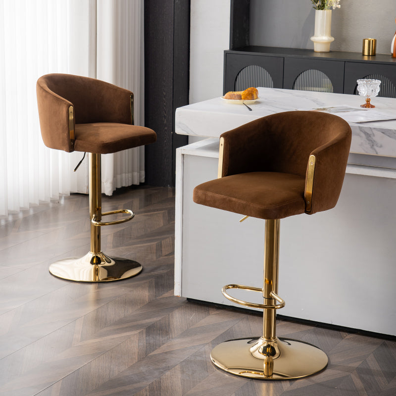 Moderner drehbarer höhenverstellbarer Barhocker, moderner Barhocker für Küche, Bar und Restaurant Theken, Hubhocker mit Rückenlehne und goldener Fußstütze (brown.Set of 2)
