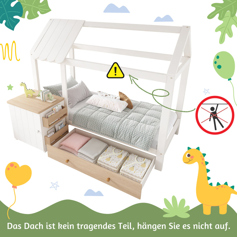 Hausbett Kinderbett 90x200 cm aus Massivholz mit Schubladen & abnehmbarem Nachttisch - Bodenbett in Weiß und Eichenweiß, ohne Matratze