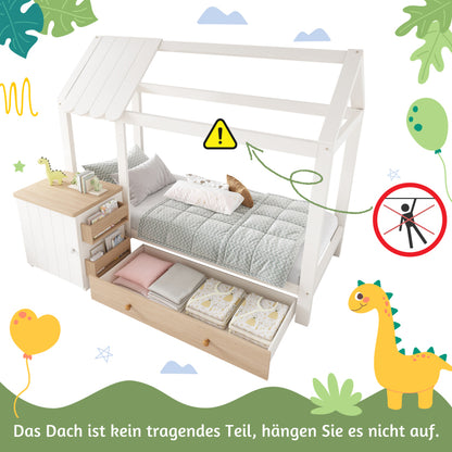 Hausbett Kinderbett 90x200 cm aus Massivholz mit Schubladen & abnehmbarem Nachttisch - Bodenbett in Weiß und Eichenweiß, ohne Matratze