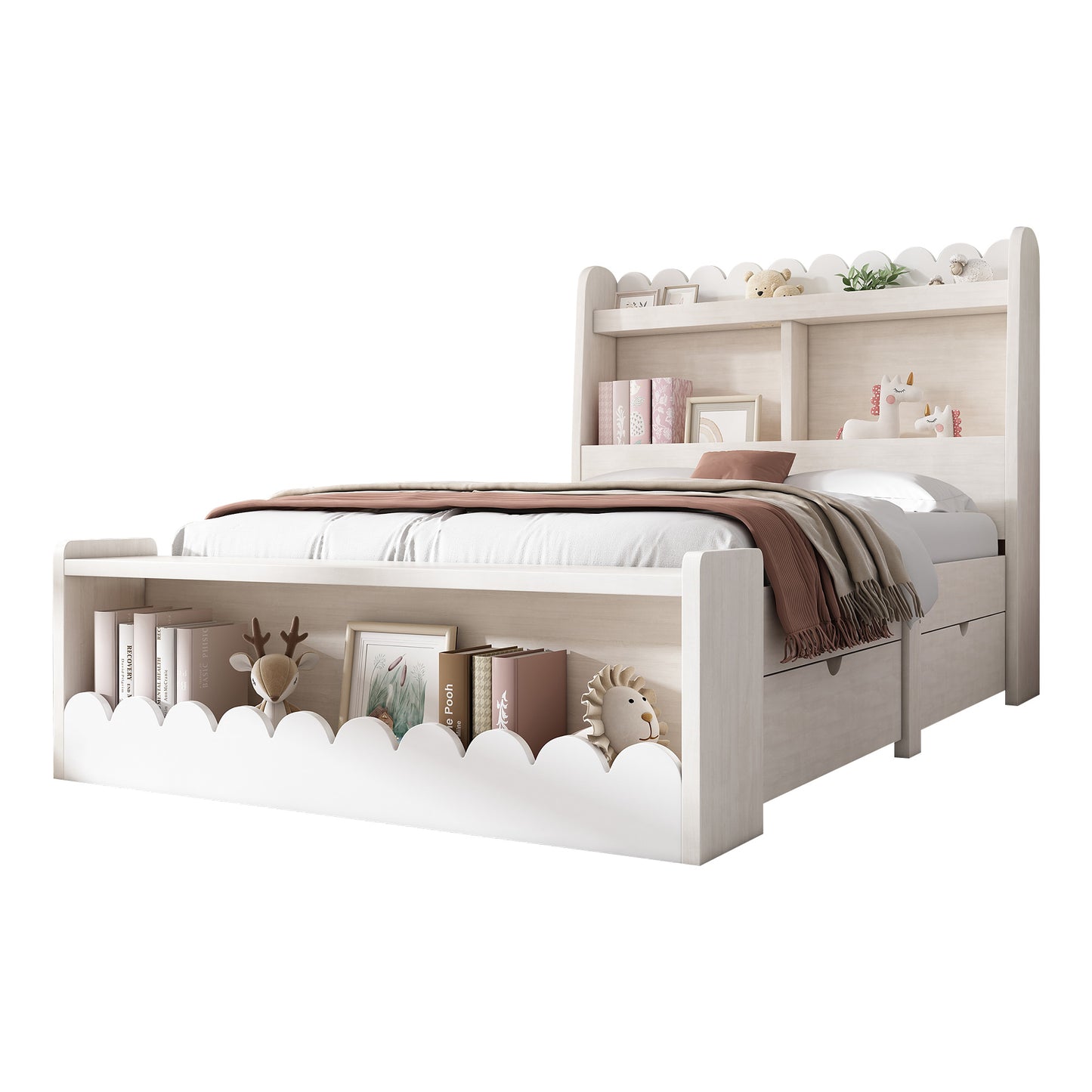 Kinderbett Einzelbett Stauraumbett mit Schubladen, Regal und Sitzbank mit Stauraum, Holzbett 90x190 cm, Weiß mit Eichefarben (Ohne Matratze)