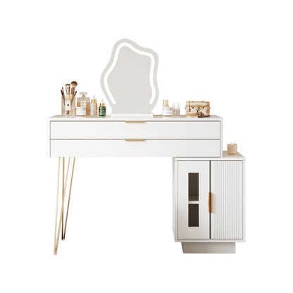 Schminktisch mit LED-beleuchtetem Spiegel, Weißes Schminktisch-Set mit ausziehbarem Design, moderner Kosmetiktisch für das Schlafzimmer  - Maße:B100/H78/T40 cm (ohne Hocker)