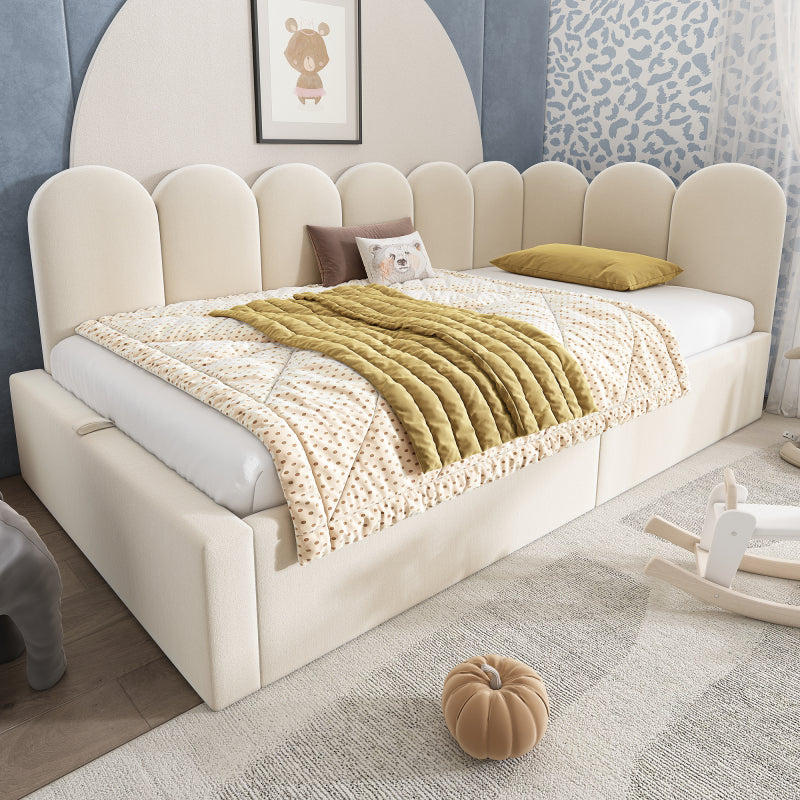Polsterbett Daybett 90x190 cm,Tagesbett Schlafsofa mit hydraulischem Stauraum, Kinderbett mit Metall-Lattenrost, Samt, Beige, ohne Matratze