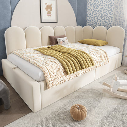 Polsterbett Daybett 90x190 cm,Tagesbett Schlafsofa mit hydraulischem Stauraum, Kinderbett mit Metall-Lattenrost, Samt, Beige, ohne Matratze
