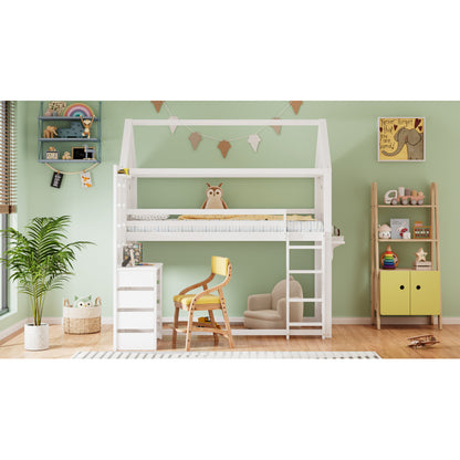 Etagenbett, Hausbett, Kinderbett mit Fallschutz und Gitter, mit Tisch, Offenes Regal, zwei Fenster, Reichlich Stauraum, Kiefer+MDF, Weiß, 90x200cm