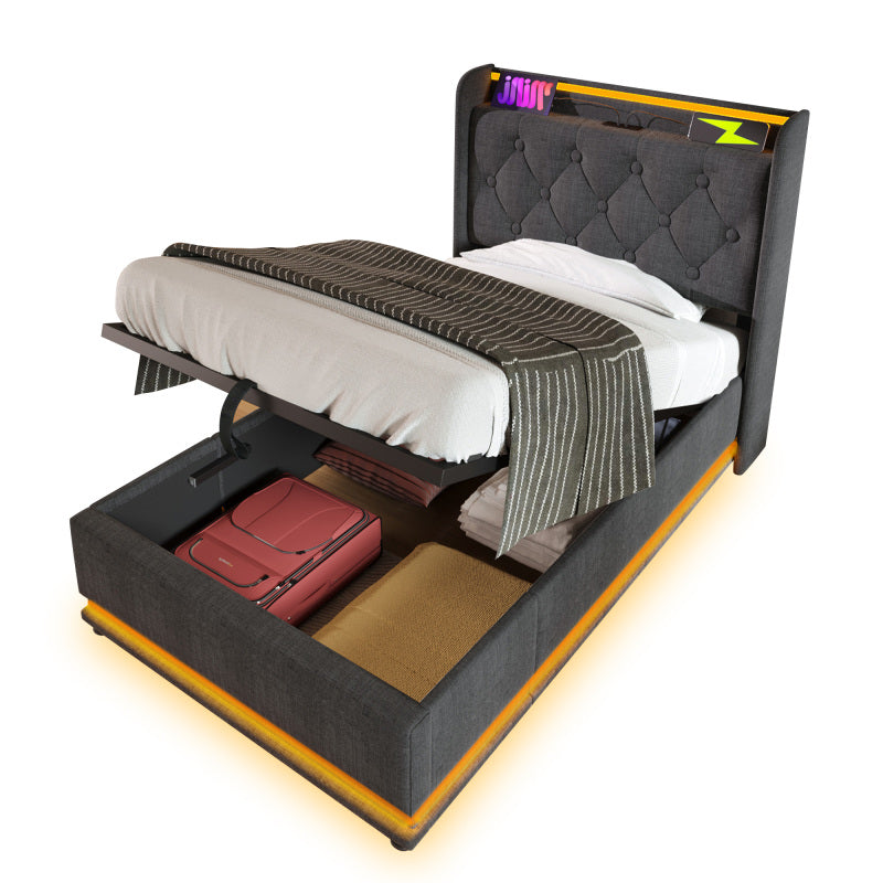 Polsterbett einzelbett,360-Surround-LED-Funktion, Drucktaste/App/Fernbedienung,90*200 cm, Grau Leinen-Material Hydraulisches Lagerbett, gepolstertes Kopfteil mit USB Typ-C Ladefunktion (Ohne Matratze)