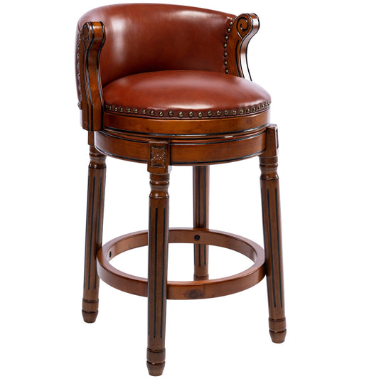 Barhocker aus Holz mit Kuhfell-Obermaterial, 360-Grad-Drehstuhl in Barhöhe mit Rückenlehne, Brown+Seat height 75cm