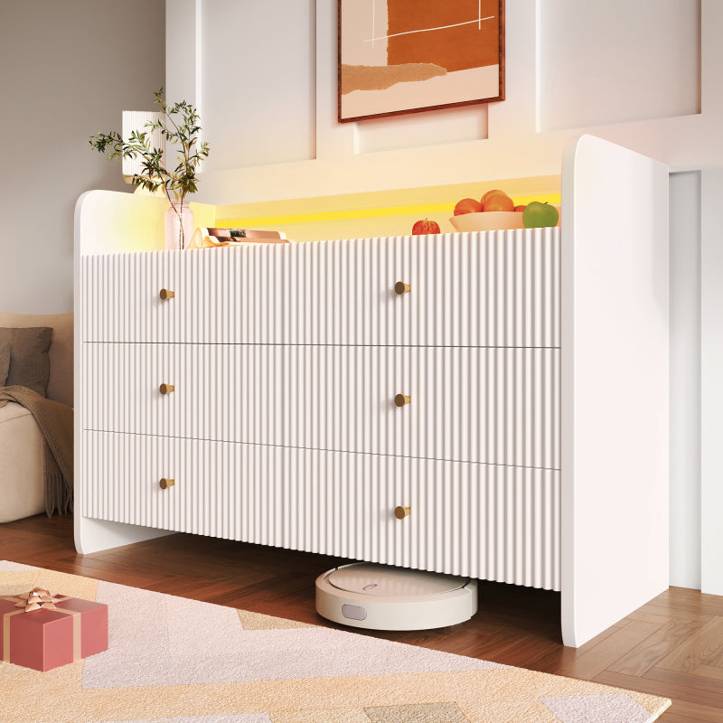 Sideboard, Kommode mit LED-Beleuchtung und 6 Schubladen, Wellenförmiges Rillendesign, Moderner Schrank für Wohnzimmer und Schlafzimmer, 120x40x75cm, Weiß