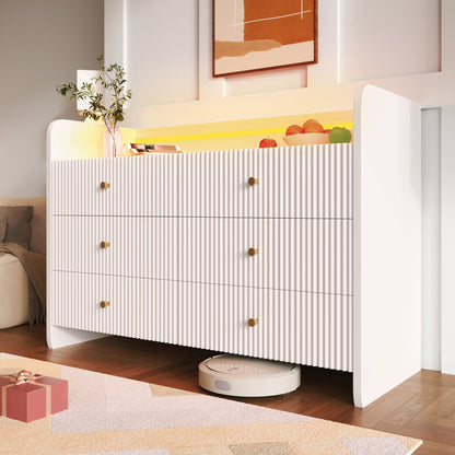Sideboard, Kommode mit LED-Beleuchtung und 6 Schubladen, Wellenförmiges Rillendesign, Moderner Schrank für Wohnzimmer und Schlafzimmer, 120x40x75cm, Weiß