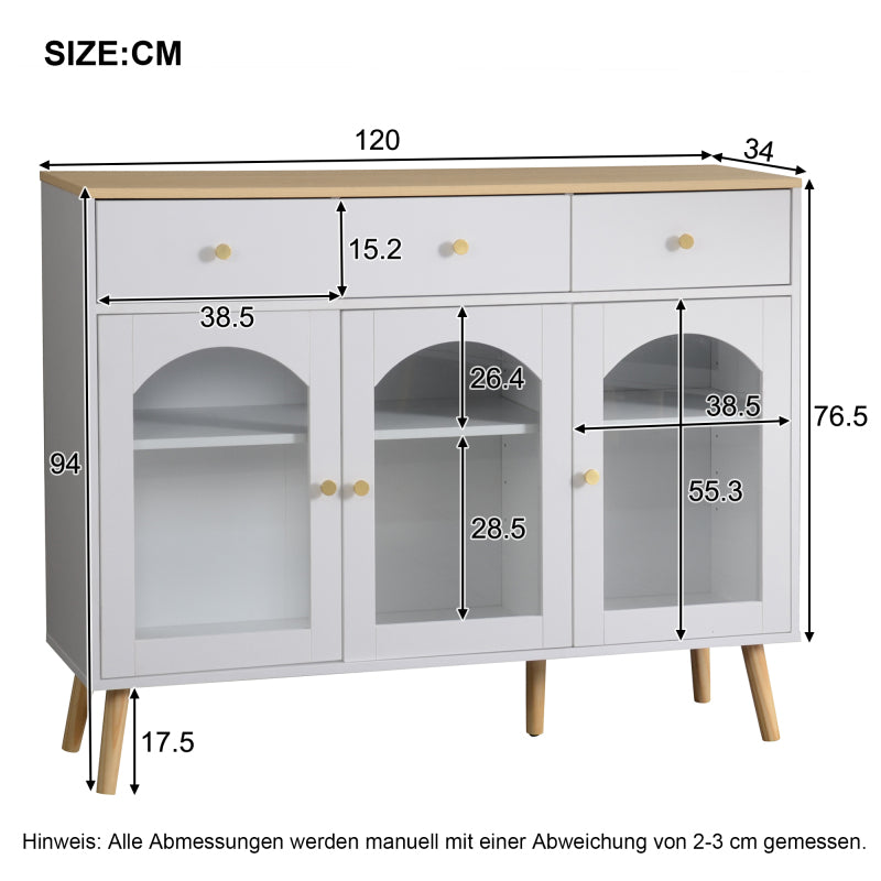 Sideboard mit 3 Schubladen und 3 gebogenen Türen mit breitem Schrank aus gehärtetem Glas für Buffettische in Küchen und Esszimmern, weiß und natur