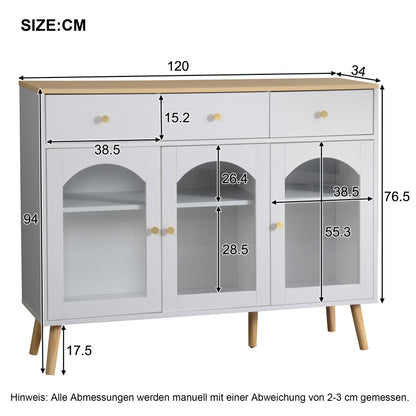 Sideboard mit 3 Schubladen und 3 gebogenen Türen mit breitem Schrank aus gehärtetem Glas für Buffettische in Küchen und Esszimmern, weiß und natur