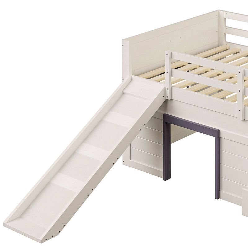 140 x 200 niedriges Hochbett mit Rutsche, drei Schubladen und zwei Türen, Creme