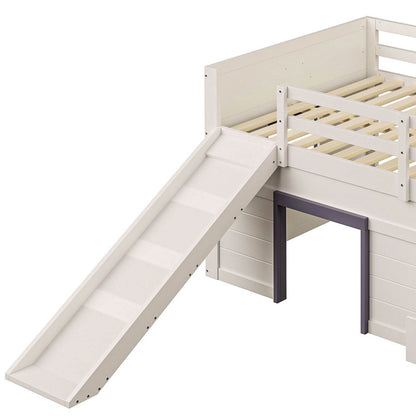 140 x 200 niedriges Hochbett mit Rutsche, drei Schubladen und zwei Türen, Creme