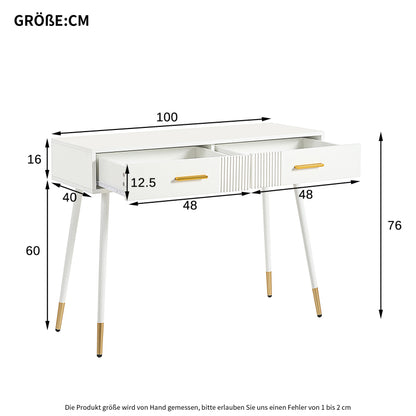 Schminktisch mit 2 Schubladen, Metallfüße, weiß, Maße: H 76 cm × B 100 cm × T 40 cm(ohne Spiegel)