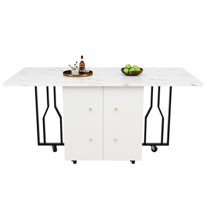 Tragbarer Esstisch, klappbare Tischplatte, marmorierte Tischplatte, geeignet für Esszimmer, Wohnzimmer, verstellbare Trennwände, großes Staufach, 6 Rollen (2 feststellbar), schwarze Tischbeine