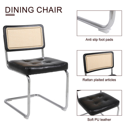 Mittelalterliche moderne Esszimmerstühle, ein Satz von 2-Rattan Esszimmerstühlen mit weichen gepolsterten Kunstlederelementen, armlose Mesh Rückenlehne Rattan Stühle, Metall Chrom Beine(Black)