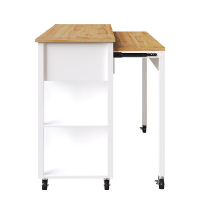 Kücheninsel mit Rollen & ausziehbarer Platte, Servierwagen Weiß/Holzoptik, 120cm Sideboard mit 7 Rollen, 2 Schubladen & verstellbaren Regalen