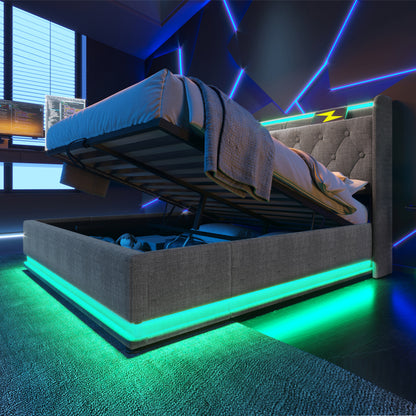 Polsterbett Doppelbett, 360-Surround-LED-Funktion, Drucktaste/App/Fernbedienung,160*200 cm,Grau Leinen-Material Hydraulisches Lagerbett, gepolstertes Kopfteil mit USB Typ-C Ladefunktion(Ohne Matratze)