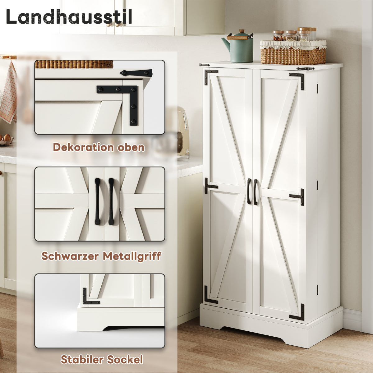 Buffetschrank Weiß 128,5 cm, Hochschrank Landhausstil mit automatischer LED-Beleuchtung, Türregale & Kippschutz