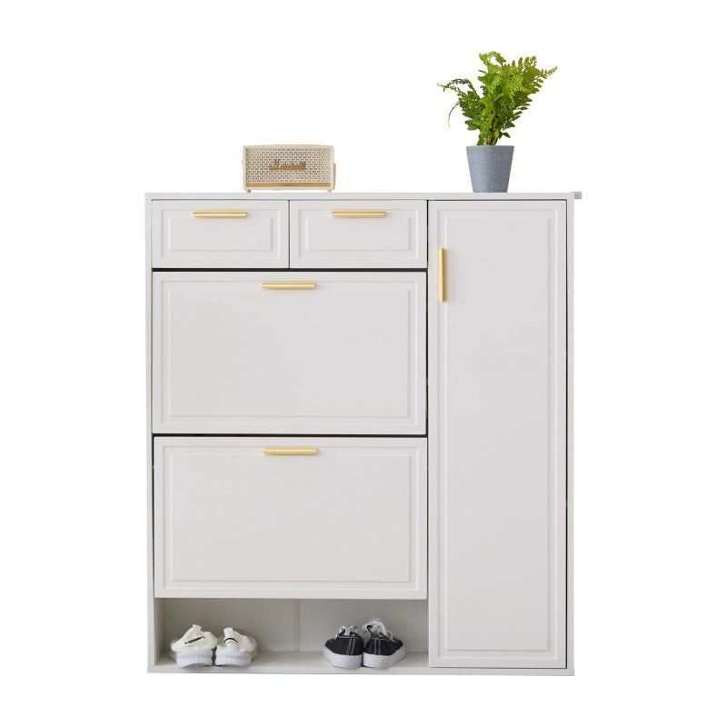 Moderne Schuhschrank, mit verstellbaren Regalen, goldenen Griffen, Schubladen, Klappschuhschrank und Türen,  weiß, B95/D24/H107.5