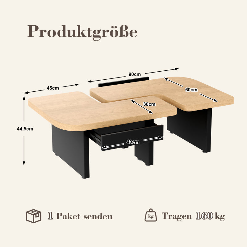 Moderner Couchtisch mit LED-Design aus umweltfreundlichem Holz, 2-in-1-Design, weiche Rundungen, höhenverstellbare Füße