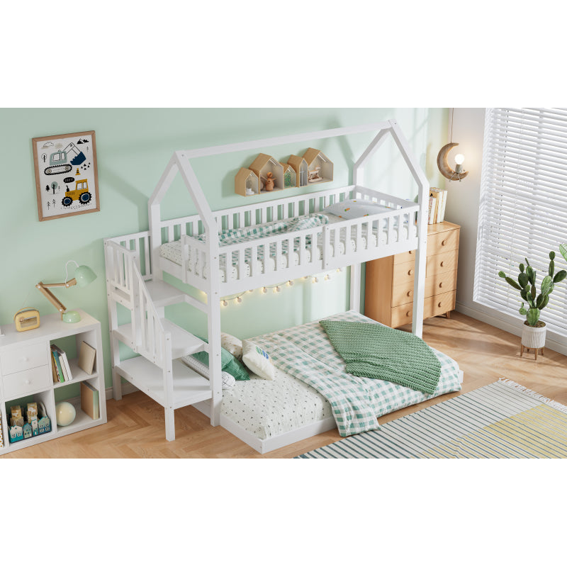 [29994142WAA]Etagenbett, Hausbett mit Treppe, Kinderbett mit Fallschutz und Gitter, Rahmen aus Kiefer, weiß (90x200&140*190cm)