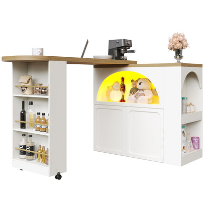 Ausziehbarer Bartisch 135-205cm mit LED & USB, Mobiler Hochtisch Weiß, Teleskop-Kücheninsel mit Stauraum & Soft-Close, Modernes Bogendesign