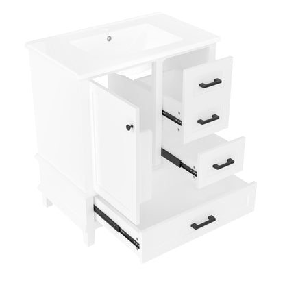 76x46x83,5cm Bodenstehender Badezimmerschrank mit Waschbecken, Waschtisch, komplett lackiert, Türregal, drei geräuschlose Schubladen, integriertes Keramikwaschbecken, weiß