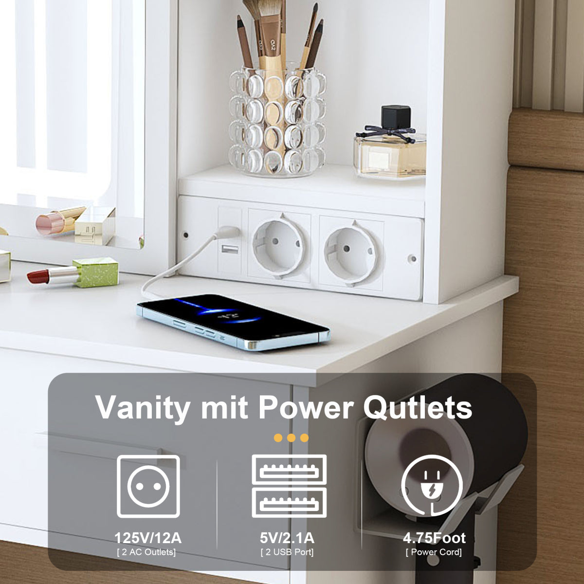 Kleiner Schminktisch LED, USB/Steckdose, 3 Lichtfarben, Hocker, Platzsparend