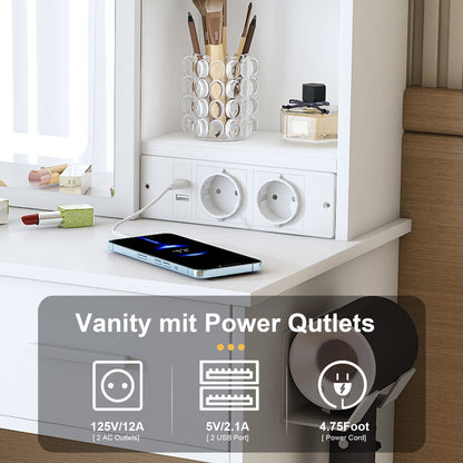 Kleiner Schminktisch LED, USB/Steckdose, 3 Lichtfarben, Hocker, Platzsparend