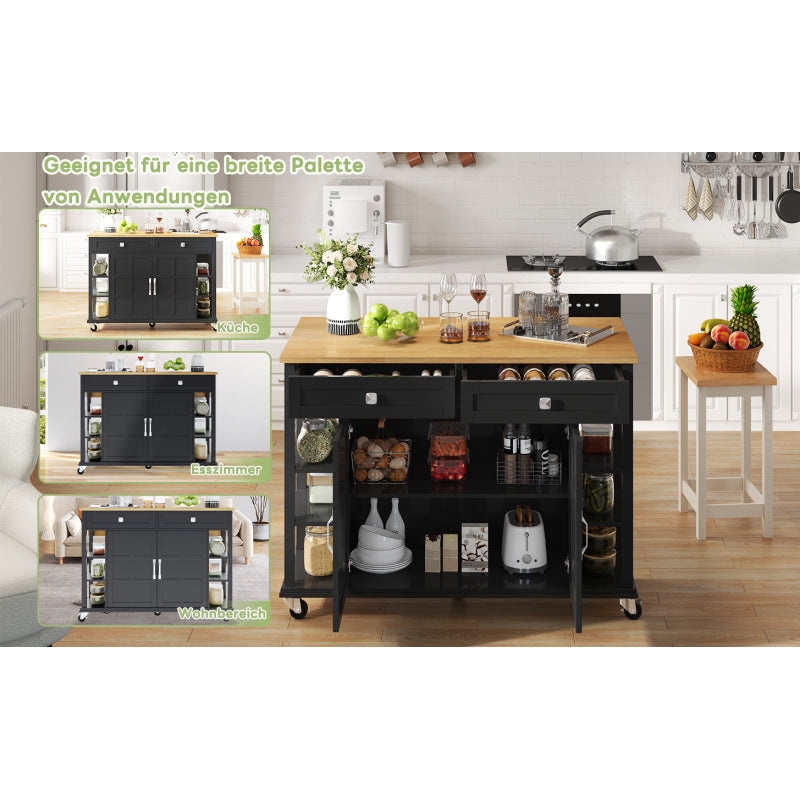 Multifunktionaler Küchenwagen mit klappbarer Arbeitsplatte, 120×65 cm erweiterbar, 2 Schubladen, geräumige Aufbewahrung, auf Rollen – Stilvoller Servierwagen für Küche, Esszimmer & Wohnzimmer