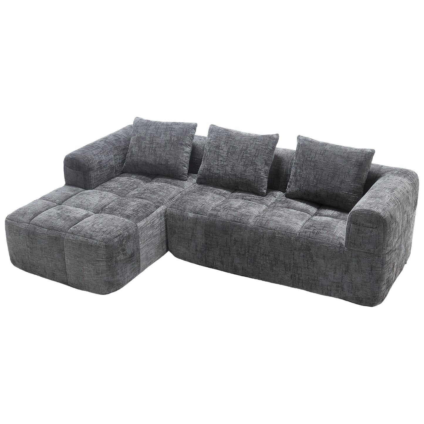 Modernes Sektionssofa, L-Sofa, 3-Sitzer-Sofa, keine Installation erforderlich, Chenille-Sofa mit Chaiselongue und Armlehnen, 3 Kissen, Seitentasche für Fernbedienung, Grau