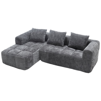 Modernes Sektionssofa, L-Sofa, 3-Sitzer-Sofa, keine Installation erforderlich, Chenille-Sofa mit Chaiselongue und Armlehnen, 3 Kissen, Seitentasche für Fernbedienung, Grau