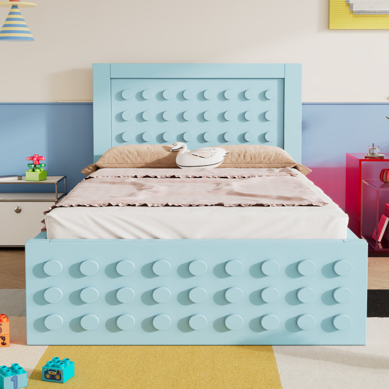 Holzbett Einzelbett 90x200 cm, Kinderbett Jugendbett mit Kreativem Block Design, Massivholz Bettgestell mit Lattenrost, mit Schubladen & Unterm Bett Stauraum, Ohne Matratze