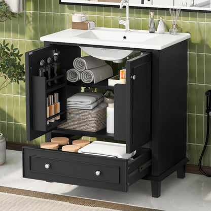 Badezimmerschrank 73x45x87 cm, MDF & Massivholzbeine, feuchtigkeitsbeständig, viel Stauraum, integriertes Keramikwaschbecken, Schwarz