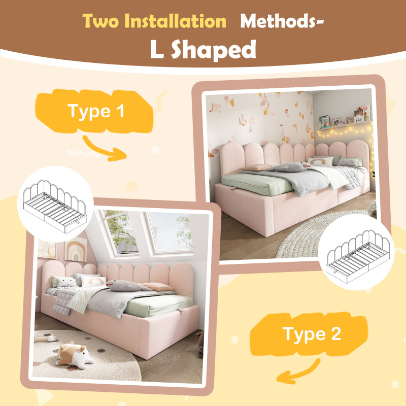 Polsterbett Daybett,Tagesbett Schlafsofa mit hydraulischem Stauraum, Kinderbett mit Metall-Lattenrost, Samt, Rosa, ohne Matratze