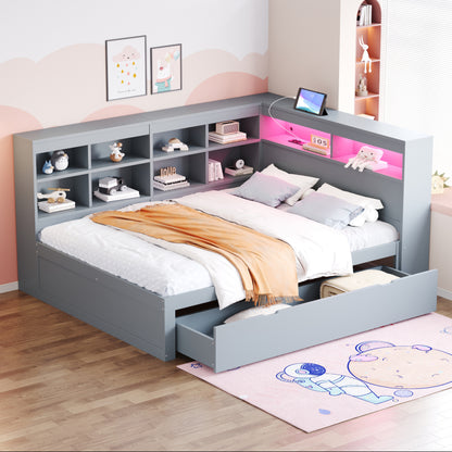 Massivholz-Doppelbett 140x200 Weiß mit LED & USB - Multifunktionales Sofa-Bett mit großen Schubladen, Ablagefächern & viel Stauraum, Grau