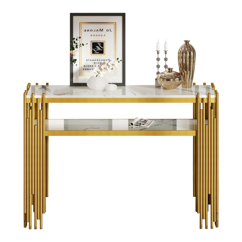 Mid-Century Modern Wohnzimmer Beistelltisch, Konsolentisch, weißer Korpus mit goldenen Beinen, doppellagiges MDF, belastbar bis 40 kg