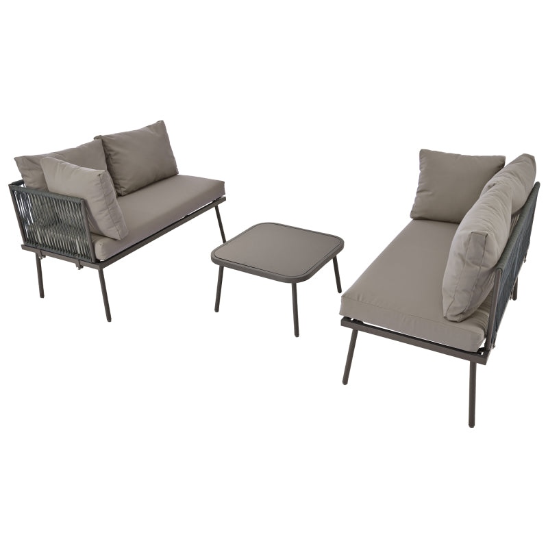 Garten-Lounge-Set aus Eisen, Gartenmöbel-Set aus grauem Seil, L-förmiges Gartenmöbel-Set, Lounge-Set aus grauem Seil mit Sitzkissen, verstellbaren Füßen, 2 Sofas und 1 Tisch
