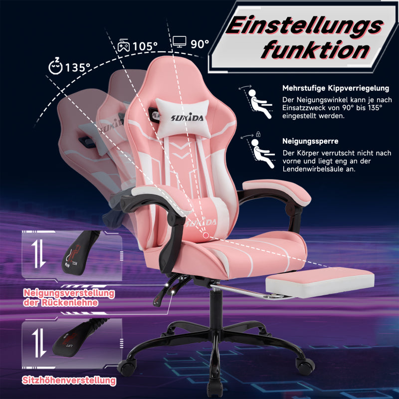 Gaming Stuhl Computerstuhl Ergonomischer Gaming Chair mit Fußstütze Bürostuhl Ergonomischer Computerstuhl mit Lendenwirbelstütze Pinkwhite